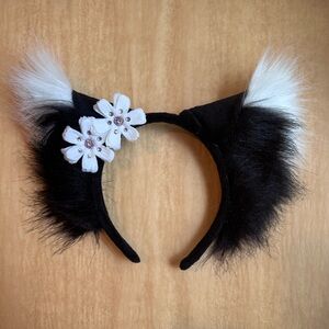 Kitty cat ears with sparkly flower - Black and White Furry Ear Headband